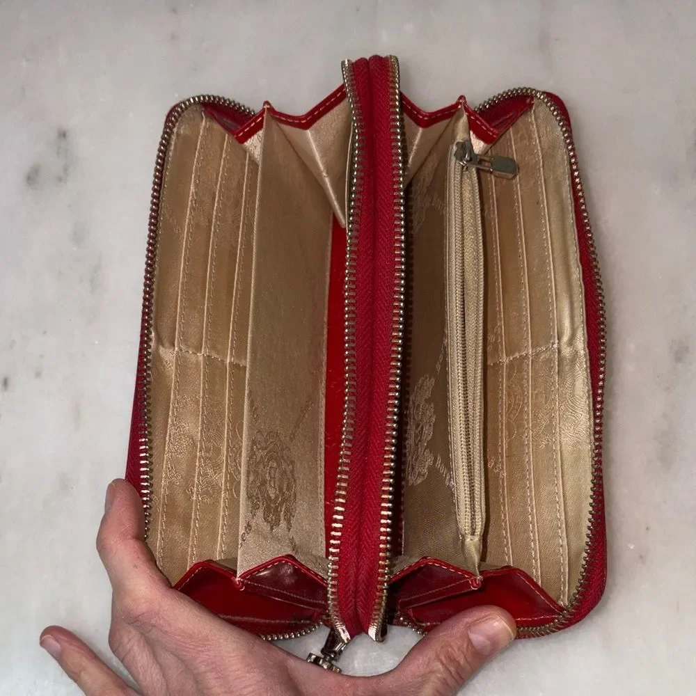 Borgasets Wallet Clutch Red Leather Double  Zip Around Wristlet